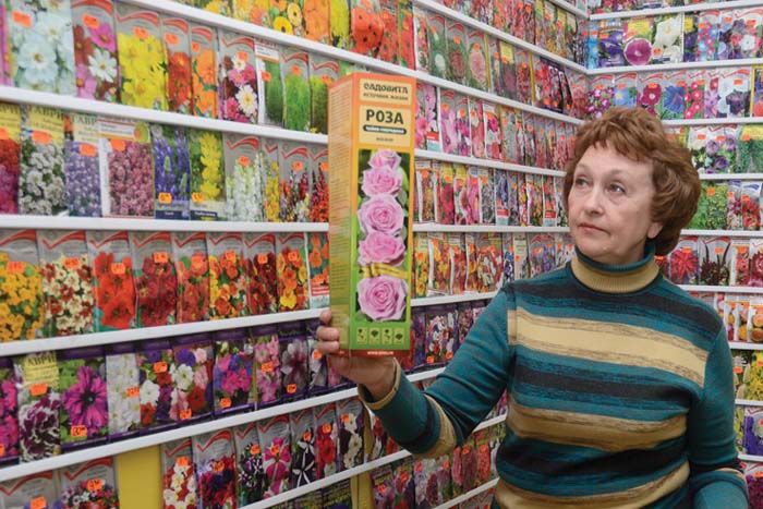 Н.И. Акишина демонстрирует витрину магазина «Семена оптом»